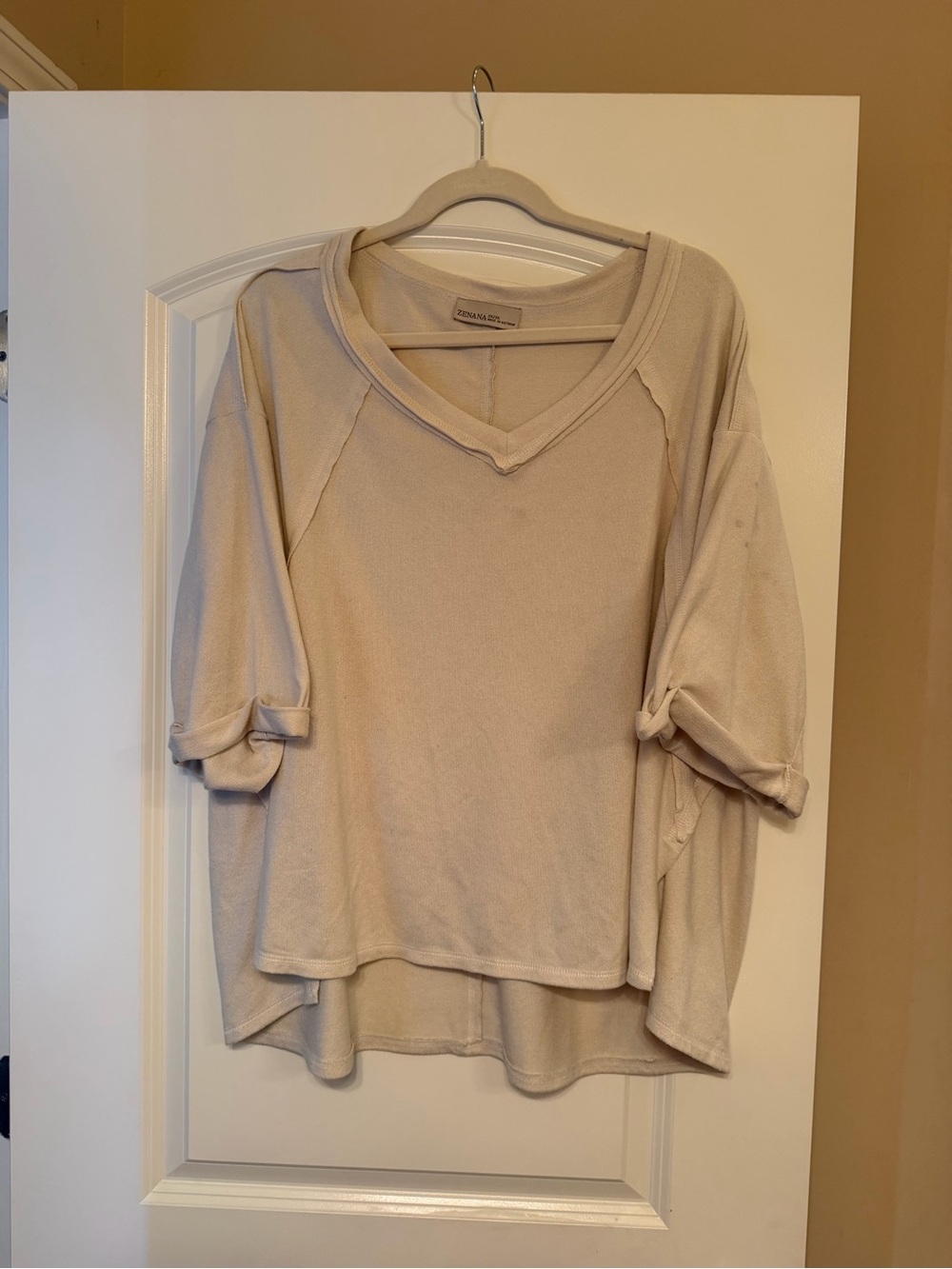 Zenana Light Beige V-Neck Boxy Tee CALLOUT
